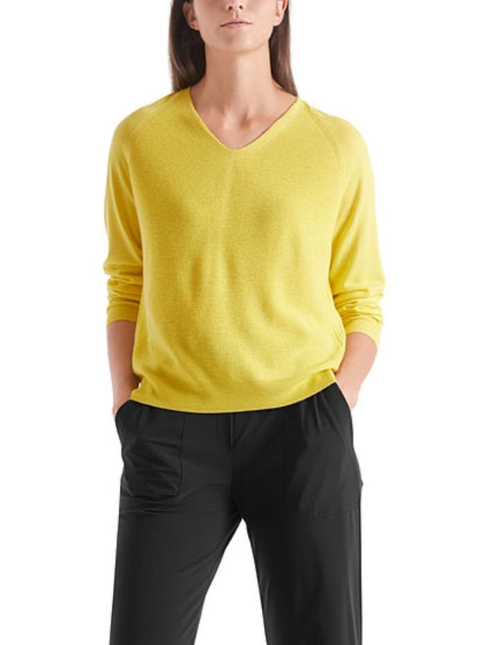 Marc Cain Sports Knitwear Marc Cain Sports Contrasting Stripe Yellow V Necked Jumper QS 41.08 M80 425 Y izzi-of-baslow