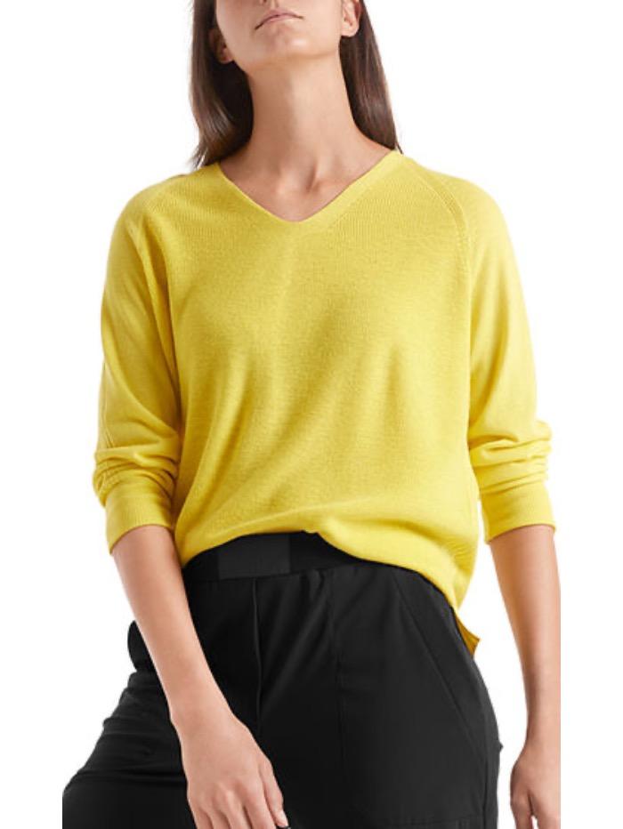 Marc Cain Sports Knitwear Marc Cain Sports Contrasting Stripe Yellow V Necked Jumper QS 41.08 M80 425 Y izzi-of-baslow