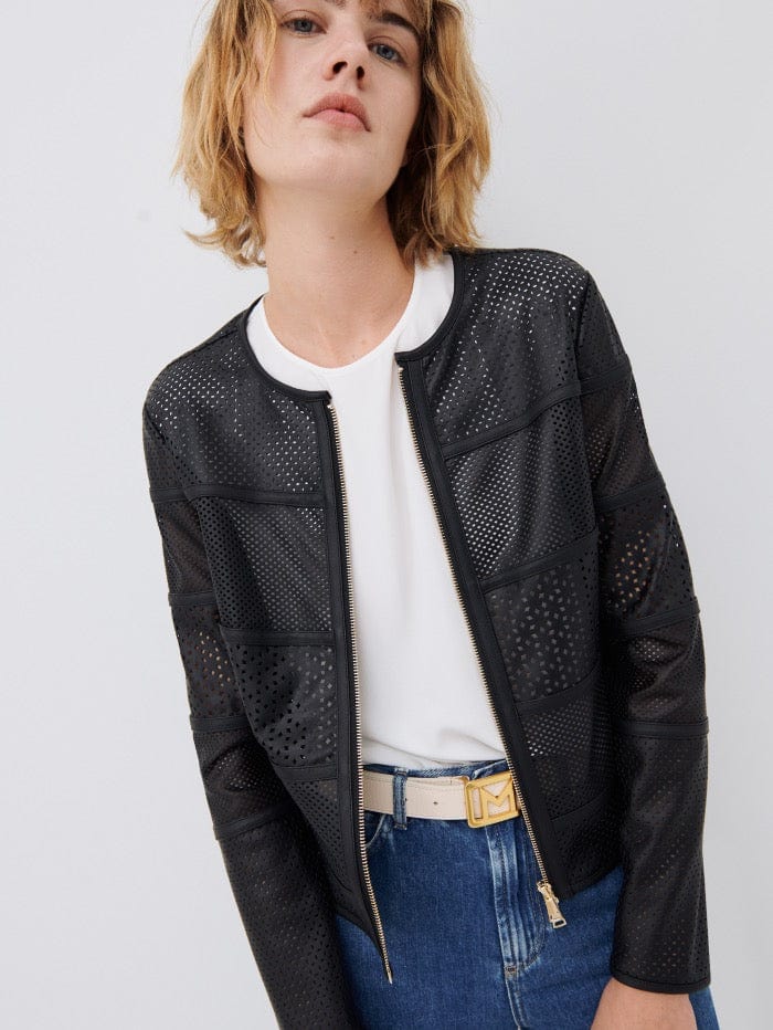 Marella Coats and Jackets Marella ISTMO Black Perforated Style Began Leather Jacket 39110121 001 izzi-of-baslow