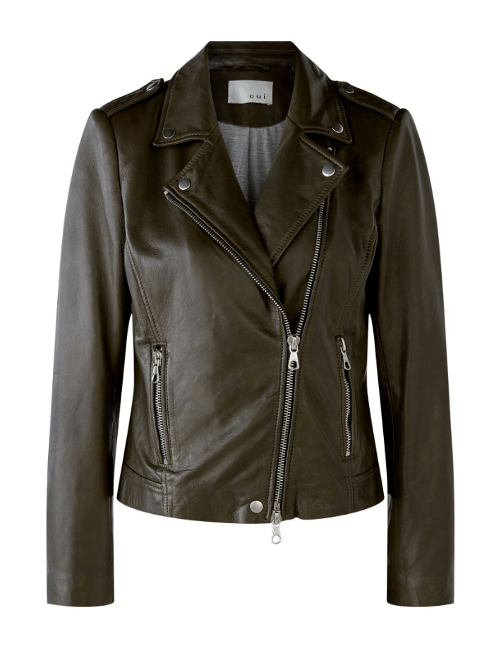 Oui Coats and Jackets Oui Khaki Leather Biker Jacket 76138 6980 izzi-of-baslow