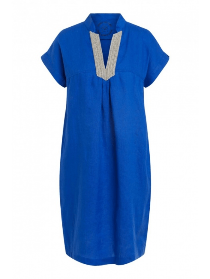 Oui Dresses Oui Royal Blue Beaded Detail Linen Dress 76023 izzi-of-baslow