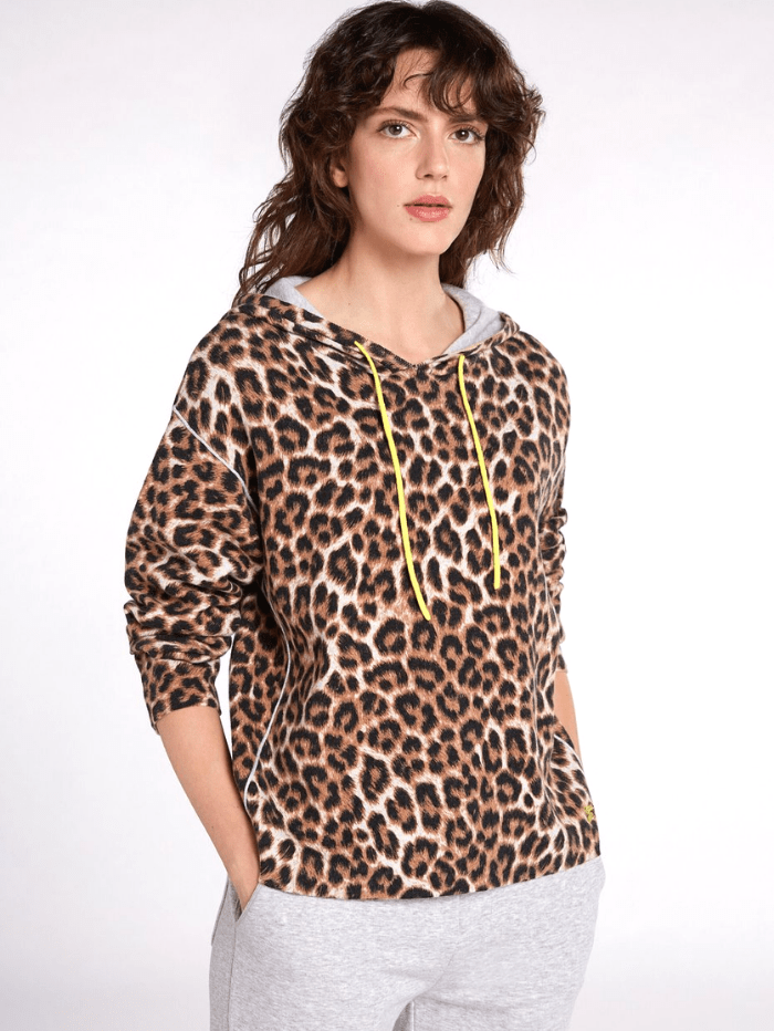 Oui Knitwear Oui Animal Print Contrast Hooded Jumper 73341 907 izzi-of-baslow