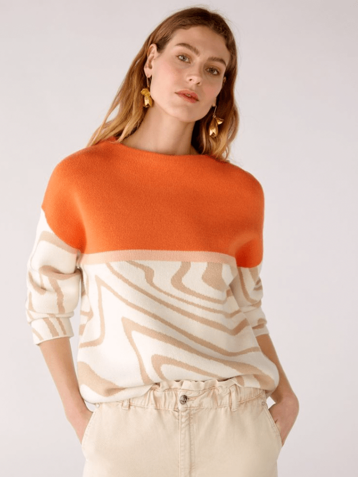 Oui Knitwear Oui Orange Printed Boat Neck Jumper 78191 712 izzi-of-baslow