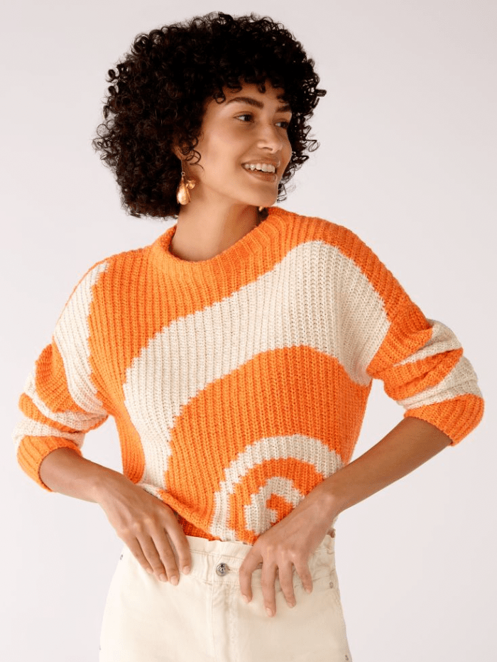 Oui Knitwear Oui Orange Printed Funnel Neck Jumper 78156 712 izzi-of-baslow