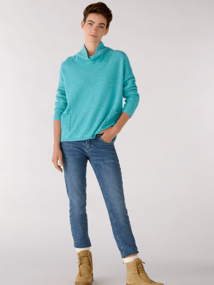 Oui Knitwear Oui Turquoise High Neck Jumper With Pockets 76951 5882 izzi-of-baslow