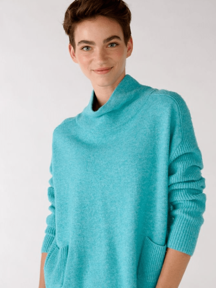 Oui Knitwear Oui Turquoise High Neck Jumper With Pockets 76951 5882 izzi-of-baslow