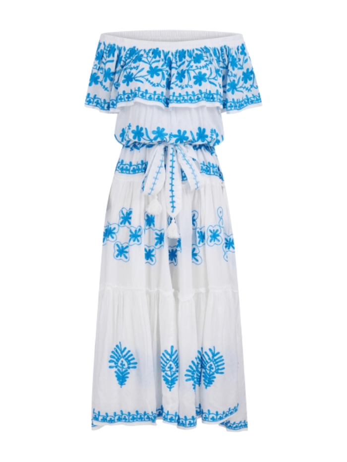 Pranella Beachwear Pranella Fiona Off Shoulder China Blue Maxi Summer Dress izzi-of-baslow