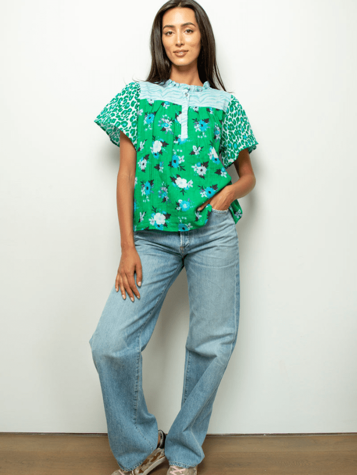 Primrose Park London Dani Blouse Blooms Floral Green Leo izzi-of-baslow