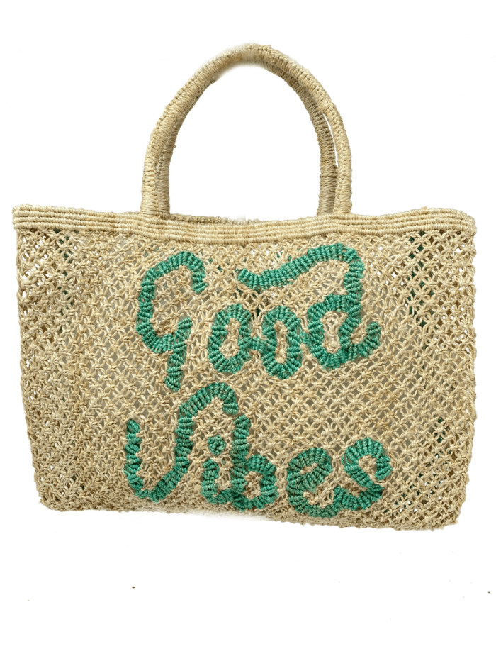 The Jacksons Accessories Small The Jacksons London GOOD VIBES Jute Bag Natural & Aqua izzi-of-baslow