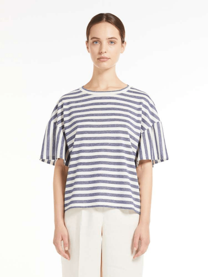 Weekend By Max Mara Tops Weekend By Max Mara ALBEN Navy Striped Linen Blend T-Shirt 594108216 001 izzi-of-baslow